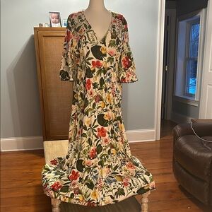 Tuckernuck Cream Maxi Dress with Red, Green and Yellow Floral Print
